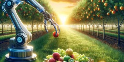 اینجا یک تصویر دیگر است که ادغام هوش مصنوعی با کشت و برداشت میوه های ارگانیک در یک باغ میوه آرام است. (این تصویر واقعی نیست و توسط هوش مصنوعی تولید شده است)