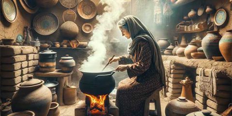 اینجا یک تصویر دیگر از یک خانم خانه دار سنتی ایرانی در آشپزخانه اش است، او از یک چراغ گاز زغالی برای پخت و پز استفاده می‌کند. این صحنه جوهر روش‌های سنتی پخت و پز را به تصویر می‌کشد، احاطه شده از ظروف آشپزخانه سنتی و تقویت شده توسط نور طبیعی. (این تصویر واقعی نیست و توسط هوش مصنوعی تولید شده است)