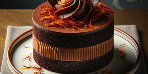 تصویر کیک شکلاتی با طعم زعفران که توصیف کردید، آماده شده است. امیدوارم که این تصویر بتواند الهام‌بخش شما برای خلق این دسر خوشمزه و منحصر به فرد باشد. (این تصویر توسط هوش مصنوعی تولید شده و واقعی نیست)