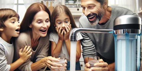 این تصویر خانواده آقای سلطانی را نشان میدهد که چگونه شاد و خندان از خرید بهترین دستگاه تصفیه آب خانگی هستند که اکنون میتوانند آبی تمیز و سالم را استفاده کنند (این تصویر واقعی نیست و توسط هوش مصنوعی تولید شده است).